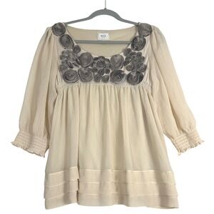 ECI New York Rosette Blouse Women 10 Cream Chiffon Boho Babydoll Fairy Top